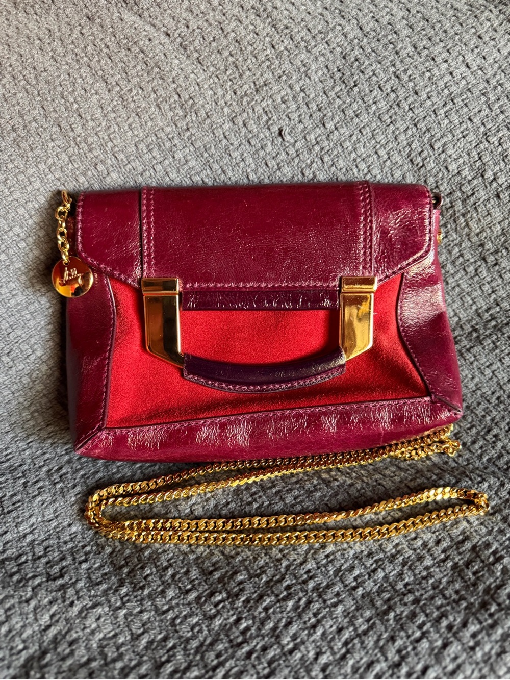 Milly Burgundy Red Suede Leather Mini Satchel Crossbody Bag Gold Chain